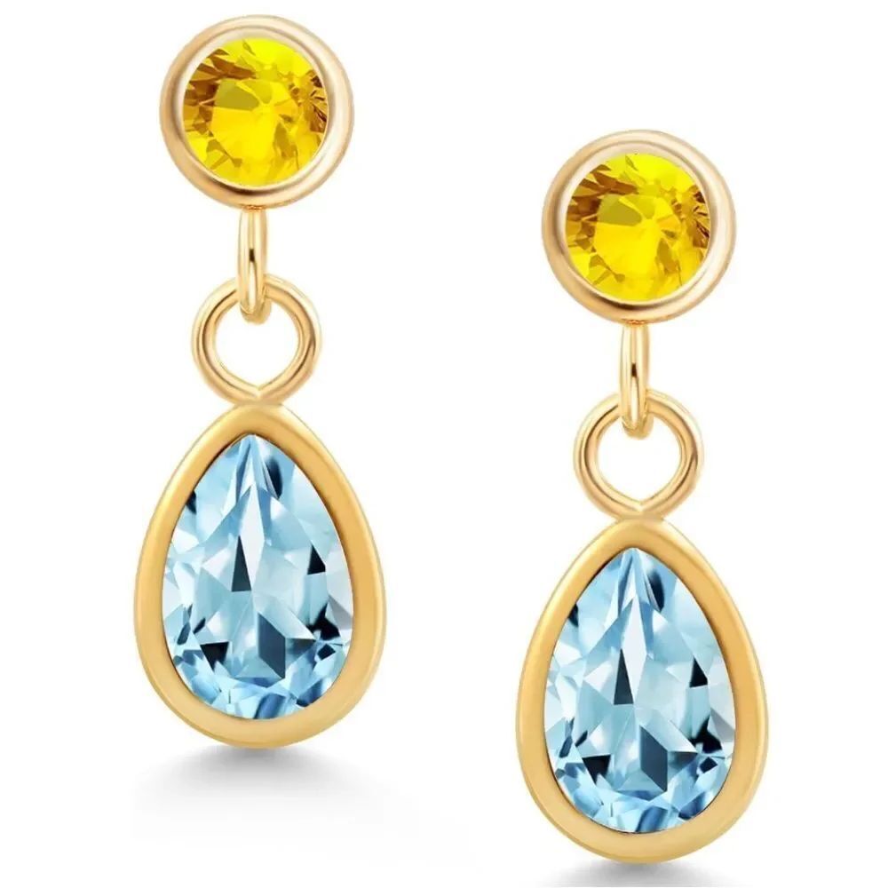 14K Yellow Gold with 1.27 Cttw Sky Blue Topaz and Yellow Sapphire Post Earrings